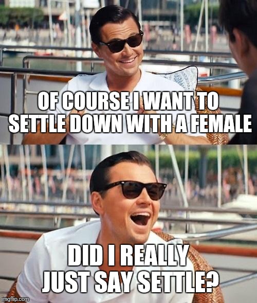 Leonardo Dicaprio Wolf Of Wall Street | OF COURSE I WANT TO SETTLE DOWN WITH A FEMALE; DID I REALLY JUST SAY SETTLE? | image tagged in memes,leonardo dicaprio wolf of wall street | made w/ Imgflip meme maker