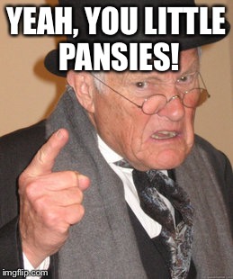 Back In My Day Meme | YEAH, YOU LITTLE PANSIES! | image tagged in memes,back in my day | made w/ Imgflip meme maker