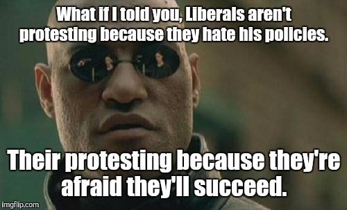 Matrix Morpheus Meme | What if I told you, Liberals aren't protesting because they hate his policies. Their protesting because they're afraid they'll succeed. | image tagged in memes,matrix morpheus | made w/ Imgflip meme maker