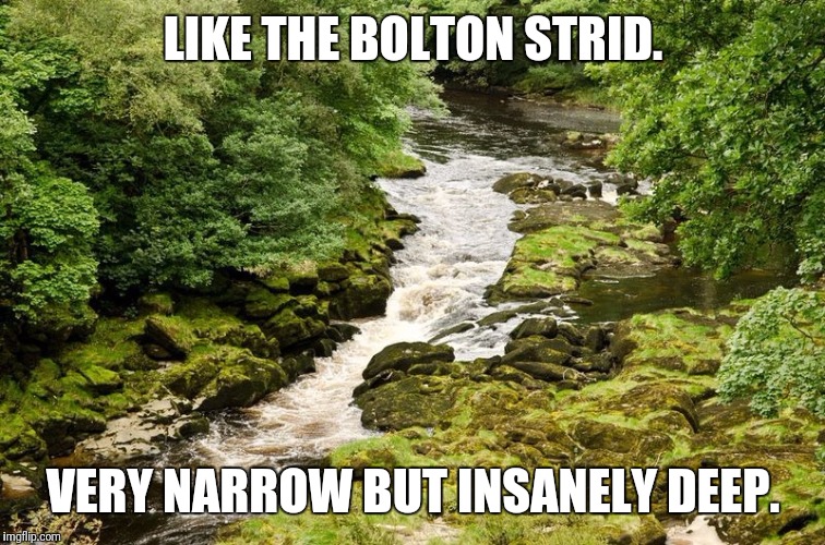 LIKE THE BOLTON STRID. VERY NARROW BUT INSANELY DEEP. | made w/ Imgflip meme maker