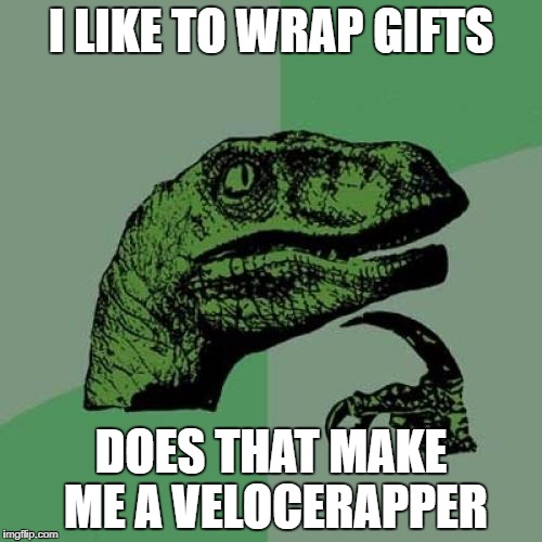 Philosoraptor | I LIKE TO WRAP GIFTS; DOES THAT MAKE ME A VELOCERAPPER | image tagged in memes,philosoraptor | made w/ Imgflip meme maker