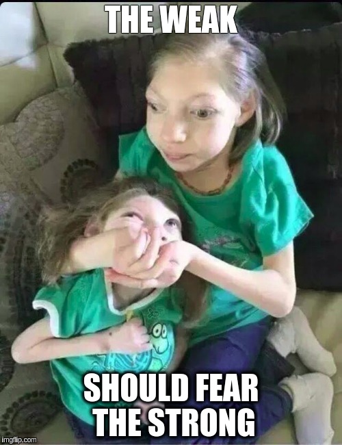 The weak | THE WEAK; SHOULD FEAR THE STRONG | image tagged in weak,strong,fear,savage kids | made w/ Imgflip meme maker