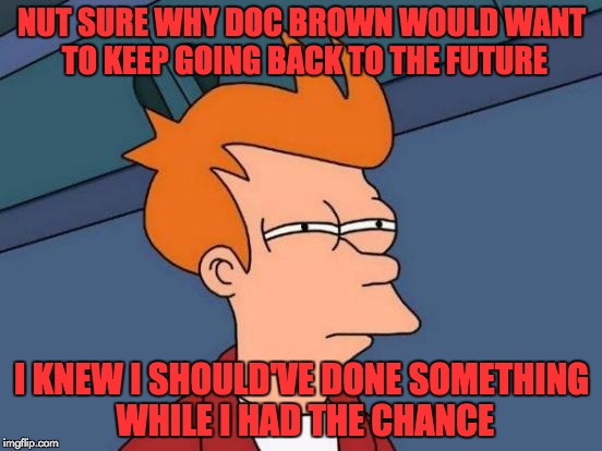 Rumors swirling there's going to be a BTF IV! | NUT SURE WHY DOC BROWN WOULD WANT TO KEEP GOING BACK TO THE FUTURE; I KNEW I SHOULD'VE DONE SOMETHING WHILE I HAD THE CHANCE | image tagged in memes,futurama fry,back to the future | made w/ Imgflip meme maker