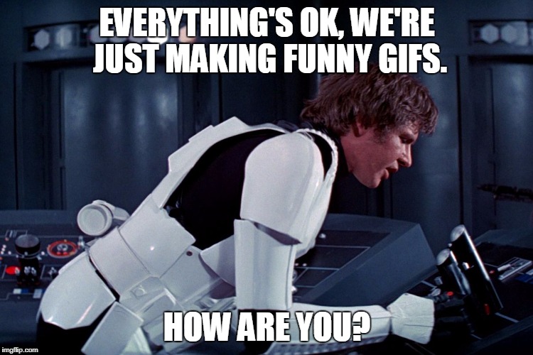 han solo we're all fine here now | EVERYTHING'S OK, WE'RE JUST MAKING FUNNY GIFS. HOW ARE YOU? | image tagged in han solo we're all fine here now | made w/ Imgflip meme maker