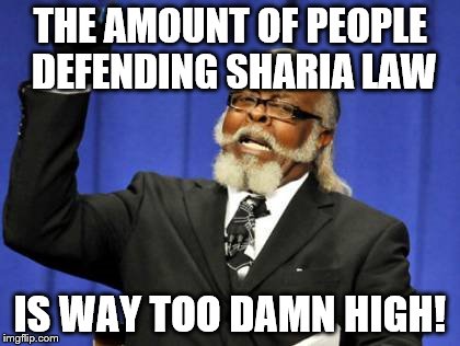 Too Damn High Meme | THE AMOUNT OF PEOPLE DEFENDING SHARIA LAW IS WAY TOO DAMN HIGH! | image tagged in memes,too damn high | made w/ Imgflip meme maker