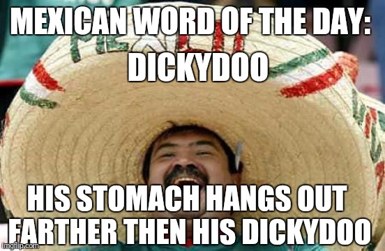 Happy Mexican | MEXICAN WORD OF THE DAY:; DICKYDOO; HIS STOMACH HANGS OUT FARTHER THEN HIS DICKYDOO | image tagged in happy mexican | made w/ Imgflip meme maker