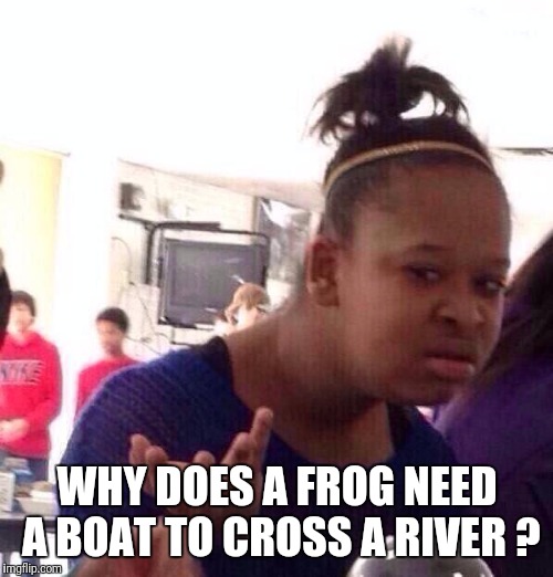 Black Girl Wat Meme | WHY DOES A FROG NEED A BOAT TO CROSS A RIVER ? | image tagged in memes,black girl wat | made w/ Imgflip meme maker