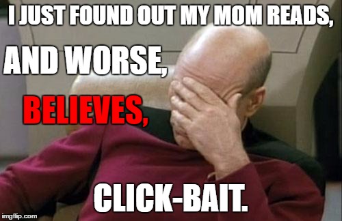 Captain Picard Facepalm Meme | I JUST FOUND OUT MY MOM READS, AND WORSE, BELIEVES, CLICK-BAIT. | image tagged in memes,captain picard facepalm | made w/ Imgflip meme maker