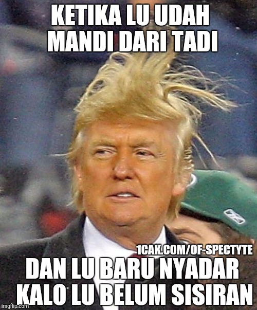 Donald Trumph hair | KETIKA LU UDAH MANDI DARI TADI; DAN LU BARU NYADAR KALO LU BELUM SISIRAN; 1CAK.COM/OF-SPECTYTE | image tagged in donald trumph hair | made w/ Imgflip meme maker