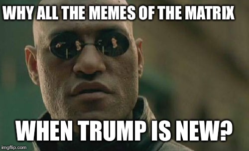Matrix Morpheus | WHY ALL THE MEMES OF THE MATRIX; WHEN TRUMP IS NEW? | image tagged in memes,matrix morpheus | made w/ Imgflip meme maker