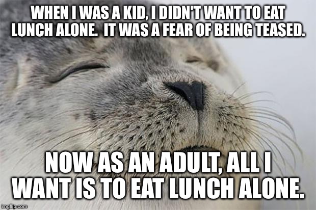 Satisfied Seal Meme | WHEN I WAS A KID, I DIDN'T WANT TO EAT LUNCH ALONE.  IT WAS A FEAR OF BEING TEASED. NOW AS AN ADULT, ALL I WANT IS TO EAT LUNCH ALONE. | image tagged in memes,satisfied seal | made w/ Imgflip meme maker