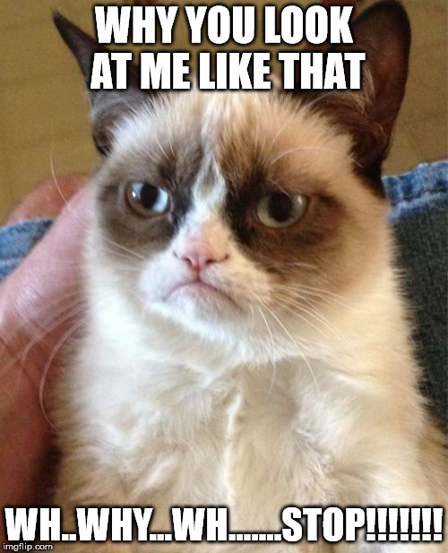 Grumpy Cat Meme | WHY YOU LOOK AT ME LIKE THAT; WH..WHY...WH.......STOP!!!!!!! | image tagged in memes,grumpy cat | made w/ Imgflip meme maker