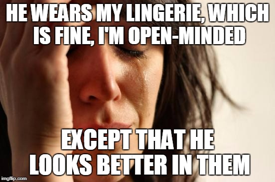 First World Problems Meme | HE WEARS MY LINGERIE, WHICH IS FINE, I'M OPEN-MINDED EXCEPT THAT HE LOOKS BETTER IN THEM | image tagged in memes,first world problems | made w/ Imgflip meme maker