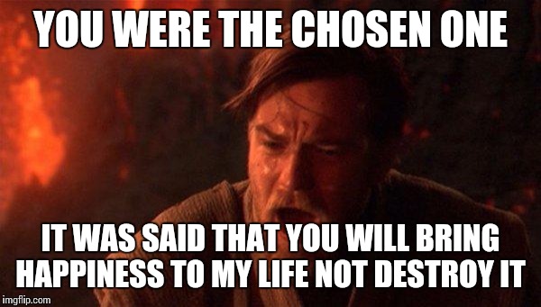 You Were The Chosen One (Star Wars) Meme | YOU WERE THE CHOSEN ONE; IT WAS SAID THAT YOU WILL BRING HAPPINESS TO MY LIFE NOT DESTROY IT | image tagged in memes,you were the chosen one star wars | made w/ Imgflip meme maker