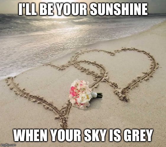 Love at sunset | I'LL BE YOUR SUNSHINE; WHEN YOUR SKY IS GREY | image tagged in love at sunset | made w/ Imgflip meme maker