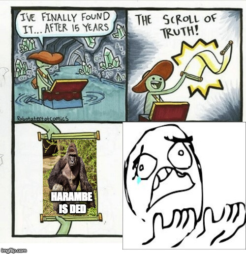 Obligatory "Futile attempt to bring back ded meme" memeI have no lifeKill me | HARAMBE IS DED | image tagged in memes,harambe,the scroll of truth,so sad | made w/ Imgflip meme maker