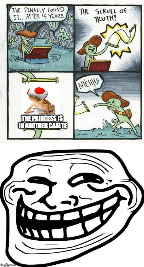 The scroll of troll | THE PRINCESS IS IN ANOTHER CASLTE | image tagged in memes,trolling,scoll of truth,super mario | made w/ Imgflip meme maker