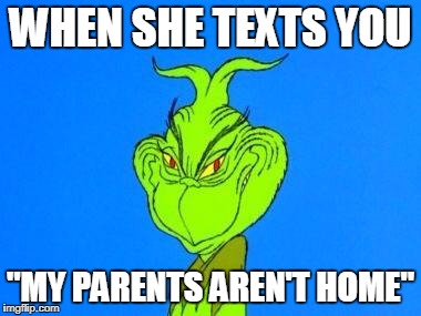 Dispatcher grinch | WHEN SHE TEXTS YOU; "MY PARENTS AREN'T HOME" | image tagged in dispatcher grinch | made w/ Imgflip meme maker