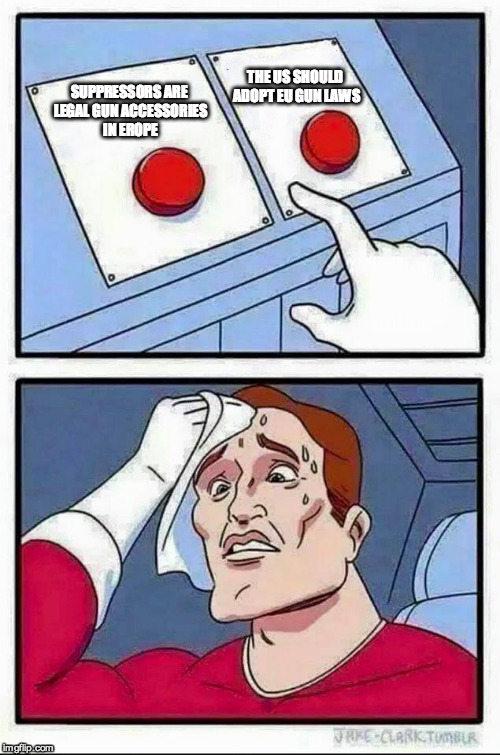 Two Buttons Meme | THE US SHOULD ADOPT EU GUN LAWS; SUPPRESSORS ARE LEGAL GUN ACCESSORIES IN EROPE | image tagged in hard choice to make | made w/ Imgflip meme maker