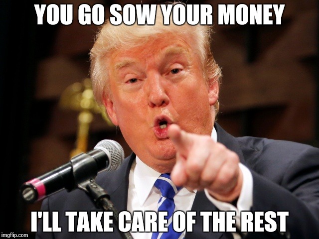 Capitalism According To Trump | YOU GO SOW YOUR MONEY; I'LL TAKE CARE OF THE REST | image tagged in trump you,memes,funny,capitalism,trump | made w/ Imgflip meme maker