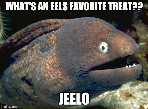 Eel Joke | WHAT'S AN EELS FAVORITE TREAT?? JEELO | image tagged in memes,bad joke eel,jello,joke | made w/ Imgflip meme maker