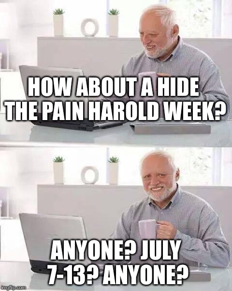 Hide the Pain Harold Meme | HOW ABOUT A HIDE THE PAIN HAROLD WEEK? ANYONE? JULY 7-13? ANYONE? | image tagged in memes,hide the pain harold | made w/ Imgflip meme maker
