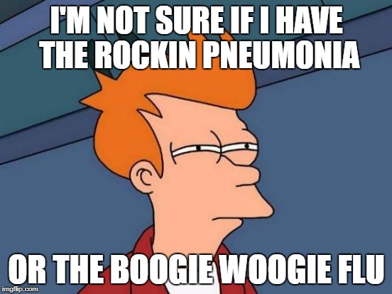 Futurama Fry Meme | I'M NOT SURE IF I HAVE THE ROCKIN PNEUMONIA; OR THE BOOGIE WOOGIE FLU | image tagged in memes,futurama fry | made w/ Imgflip meme maker