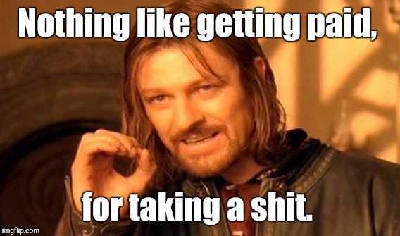 One Does Not Simply Meme | Nothing like getting paid, for taking a shit. | image tagged in memes,one does not simply | made w/ Imgflip meme maker