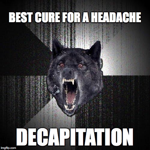Insanity Wolf | BEST CURE FOR A HEADACHE; DECAPITATION | image tagged in memes,insanity wolf | made w/ Imgflip meme maker