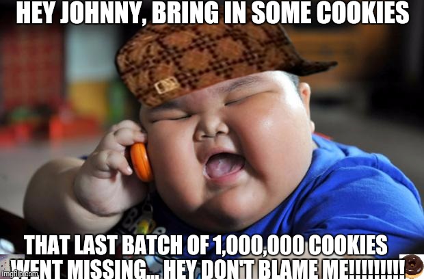 Fat Asian Kid | HEY JOHNNY, BRING IN SOME COOKIES; THAT LAST BATCH OF 1,000,000 COOKIES WENT MISSING... HEY DON'T BLAME ME!!!!!!!!! | image tagged in fat asian kid,scumbag | made w/ Imgflip meme maker