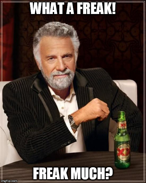 The Most Interesting Man In The World Meme | WHAT A FREAK! FREAK MUCH? | image tagged in memes,the most interesting man in the world | made w/ Imgflip meme maker