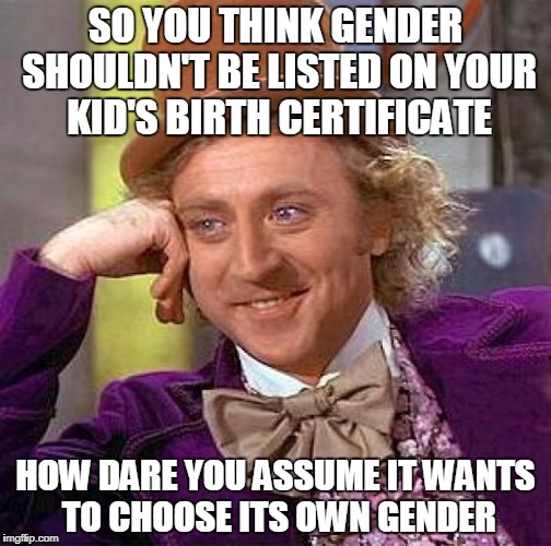 Creepy Condescending Wonka | SO YOU THINK GENDER SHOULDN'T BE LISTED ON YOUR KID'S BIRTH CERTIFICATE; HOW DARE YOU ASSUME IT WANTS TO CHOOSE ITS OWN GENDER | image tagged in memes,creepy condescending wonka | made w/ Imgflip meme maker