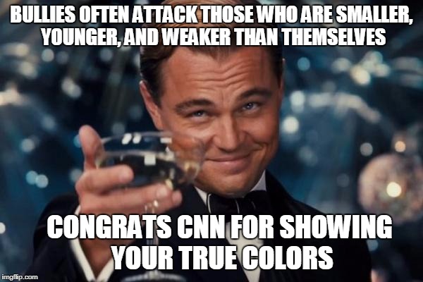 Leonardo Dicaprio Cheers Meme | BULLIES OFTEN ATTACK THOSE WHO ARE SMALLER, YOUNGER, AND WEAKER THAN THEMSELVES; CONGRATS CNN FOR SHOWING YOUR TRUE COLORS | image tagged in memes,leonardo dicaprio cheers | made w/ Imgflip meme maker
