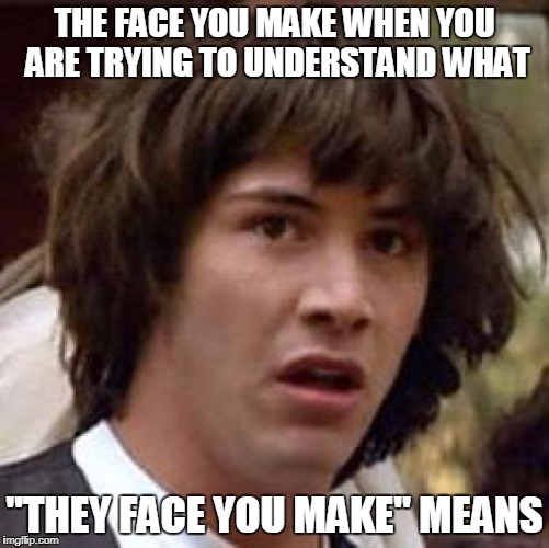Conspiracy Keanu Meme | THE FACE YOU MAKE WHEN YOU ARE TRYING TO UNDERSTAND WHAT "THEY FACE YOU MAKE" MEANS | image tagged in memes,conspiracy keanu | made w/ Imgflip meme maker