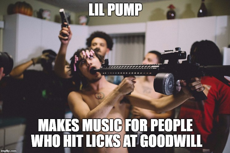 lil pump | LIL PUMP; MAKES MUSIC FOR PEOPLE WHO HIT LICKS AT GOODWILL | image tagged in lil pump | made w/ Imgflip meme maker