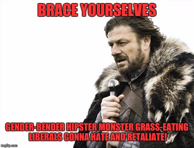 Brace Yourselves X is Coming | BRACE YOURSELVES; GENDER-BENDER HIPSTER MONSTER GRASS-EATING LIBERALS GONNA HATE AND RETALIATE! | image tagged in memes,brace yourselves x is coming | made w/ Imgflip meme maker