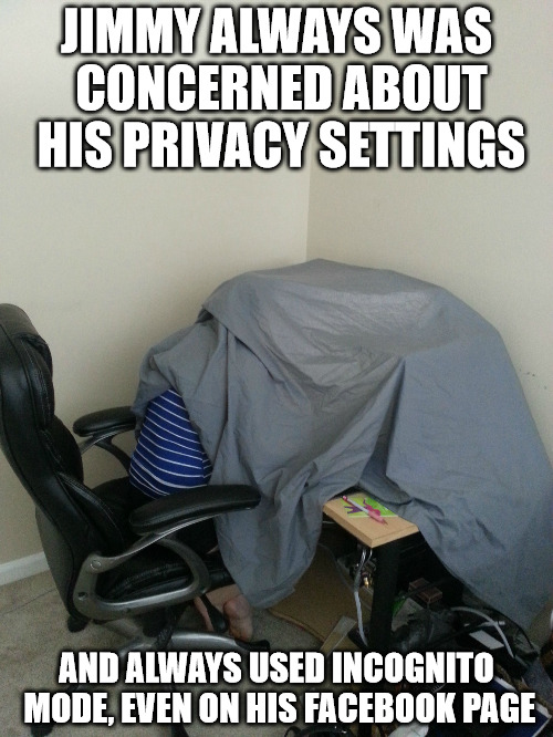 yup, that's how it works | JIMMY ALWAYS WAS CONCERNED ABOUT HIS PRIVACY SETTINGS; AND ALWAYS USED INCOGNITO MODE, EVEN ON HIS FACEBOOK PAGE | image tagged in interwebs,memes,privacy settings | made w/ Imgflip meme maker