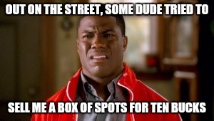 Memes, disgusted | OUT ON THE STREET, SOME DUDE TRIED TO SELL ME A BOX OF SPOTS FOR TEN BUCKS | image tagged in memes disgusted | made w/ Imgflip meme maker