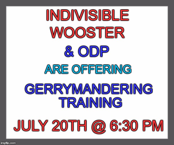 white background | INDIVISIBLE; WOOSTER; & ODP; ARE OFFERING; GERRYMANDERING TRAINING; JULY 20TH @ 6:30 PM | image tagged in white background | made w/ Imgflip meme maker
