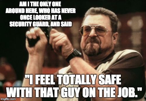 Am I The Only One Around Here Meme | AM I THE ONLY ONE AROUND HERE, WHO HAS NEVER ONCE LOOKED AT A SECURITY GUARD, AND SAID; "I FEEL TOTALLY SAFE WITH THAT GUY ON THE JOB." | image tagged in memes,am i the only one around here | made w/ Imgflip meme maker