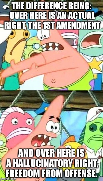 Put It Somewhere Else Patrick Meme | THE DIFFERENCE BEING: OVER HERE IS AN ACTUAL RIGHT, THE 1ST AMENDMENT AND OVER HERE IS A HALLUCINATORY RIGHT, FREEDOM FROM OFFENSE. | image tagged in memes,put it somewhere else patrick | made w/ Imgflip meme maker