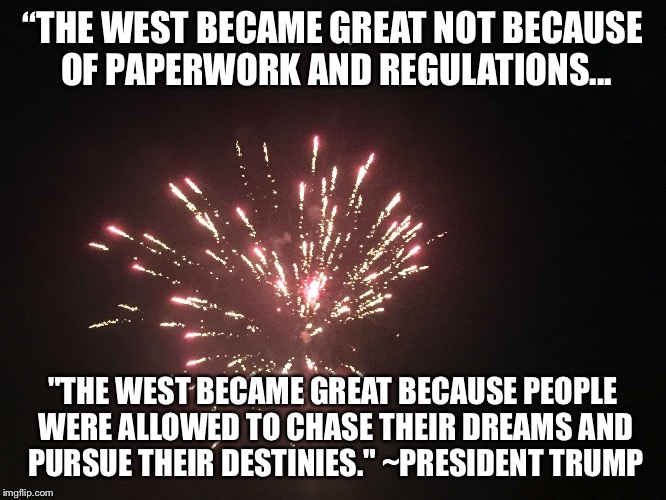 “THE WEST BECAME GREAT NOT BECAUSE OF PAPERWORK AND REGULATIONS... "THE WEST BECAME GREAT BECAUSE PEOPLE WERE ALLOWED TO CHASE THEIR DREAMS AND PURSUE THEIR DESTINIES." ~PRESIDENT TRUMP | image tagged in firework | made w/ Imgflip meme maker