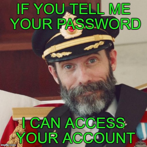 Captain Obvious | IF YOU TELL ME YOUR PASSWORD; I CAN ACCESS YOUR ACCOUNT | image tagged in captain obvious | made w/ Imgflip meme maker