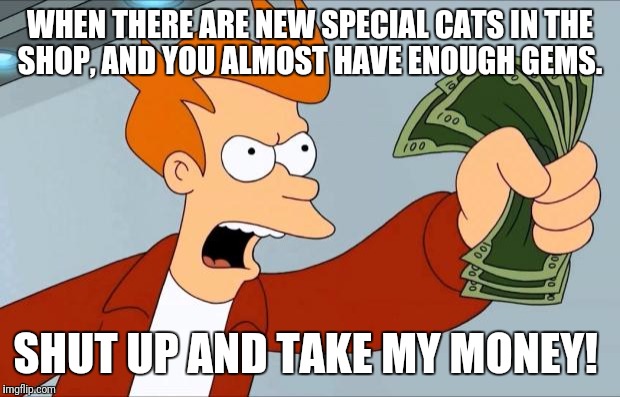 Shut Up And Take My Money Fry | WHEN THERE ARE NEW SPECIAL CATS IN THE SHOP, AND YOU ALMOST HAVE ENOUGH GEMS. SHUT UP AND TAKE MY MONEY! | image tagged in shut up and take my money fry | made w/ Imgflip meme maker