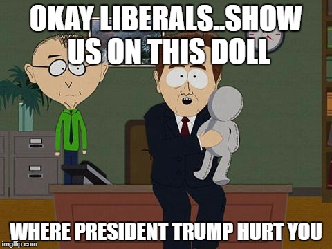 Show me on this doll | OKAY LIBERALS..SHOW US ON THIS DOLL; WHERE PRESIDENT TRUMP HURT YOU | image tagged in show me on this doll | made w/ Imgflip meme maker