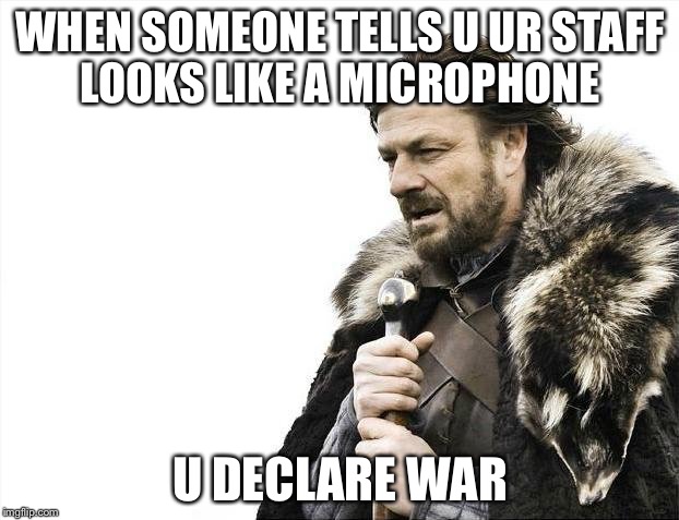 Brace Yourselves X is Coming Meme | WHEN SOMEONE TELLS U UR STAFF LOOKS LIKE A MICROPHONE; U DECLARE WAR | image tagged in memes,brace yourselves x is coming | made w/ Imgflip meme maker