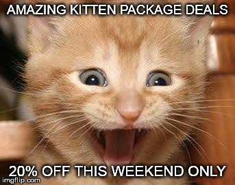 Excited Cat | AMAZING KITTEN PACKAGE DEALS; 20% OFF THIS WEEKEND ONLY | image tagged in memes,excited cat | made w/ Imgflip meme maker