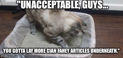 "UNACCEPTABLE, GUYS... YOU GOTTA LAY MORE CIAN FAHEY ARTICLES UNDERNEATH." | made w/ Imgflip meme maker