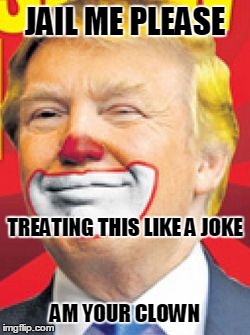 Donald Trump the Clown | JAIL ME PLEASE; TREATING THIS LIKE A JOKE; AM YOUR CLOWN | image tagged in donald trump the clown | made w/ Imgflip meme maker