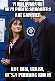 WHEN SOMEONE SAYS PUBLIC SCHOOLERS ARE SMARTER; NOT HIM, CLARA, HE'S A PUDDING BRAIN | image tagged in 12th doctor | made w/ Imgflip meme maker